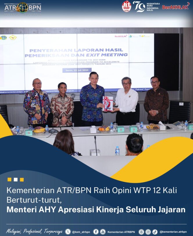 
					Kementerian ATR/BPN Raih Opini WTP 12 Kali Berturut-turut, Menteri AHY Apresiasi Kinerja Seluruh Jajaran