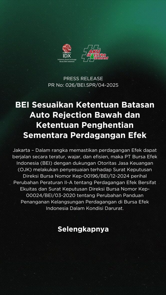 
					BEI Sesuaikan Ketentuan Batasan Auto Rejection Bawah dan Ketentuan Penghentian Sementara Perdagangan Efek/ Foto: @IDX_BEI