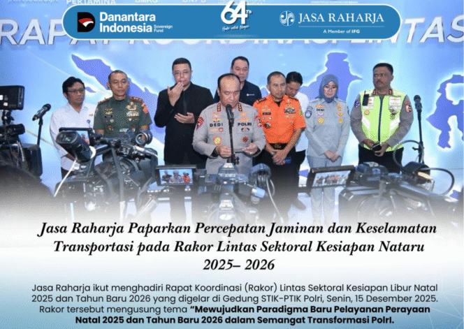 
					Suasana Pres Confrence seusai Rapat Koordinasi Lintas Sektoral Kesiapan Nataru 2025-2026 di Gedung STIK-PTIK Polri yang dihadiri perwakilan berbagai kementerian dan lembaga. (Foto: Jasa Raharja)